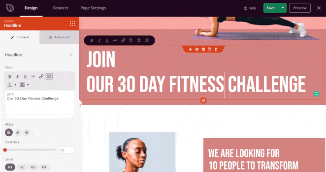 Inline text editing feature in SeedProd visual landing page editor