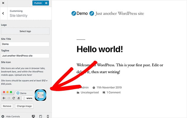 A preview of adding a favicon to your website, using the WordPress customizer