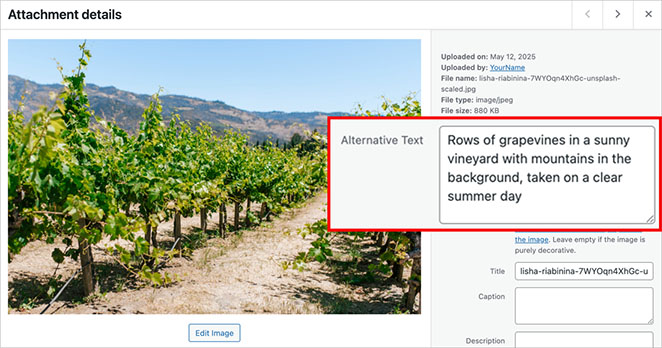 Example of adding descriptive alt text to an image in WordPress