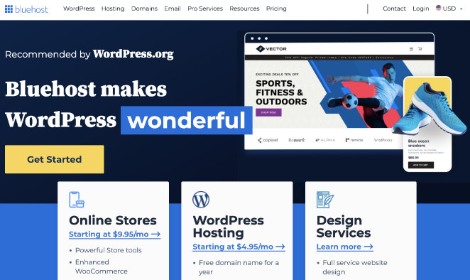 Bluehost homepage showing web hosting options for WordPress users