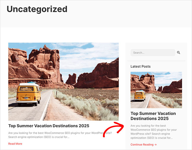 Front-end view of archive page showing newly assigned custom sidebar