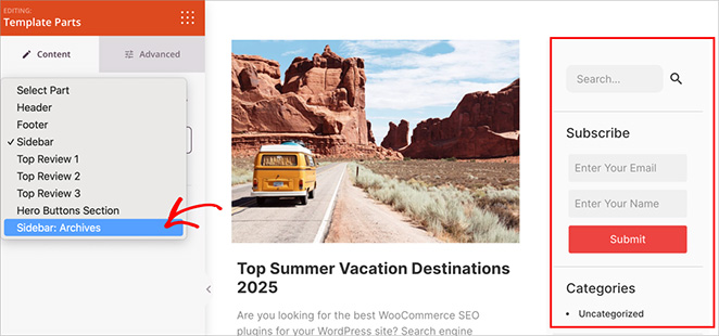 Hovering over the sidebar section to edit in SeedProd template layout