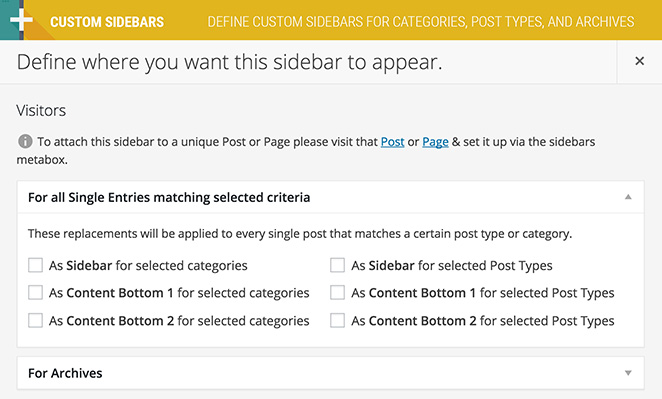 Settings page of Custom Sidebars – Dynamic Widget Area Manager plugin