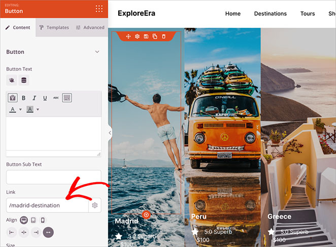 Travel packages page with destination links and descriptions