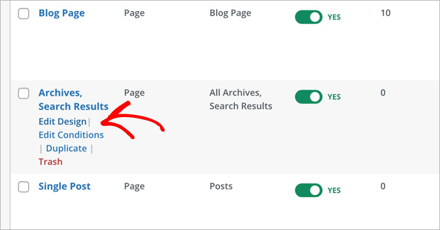 Clicking Edit Design for the Archives, Search Results template