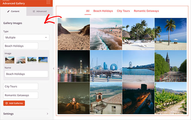 Travel website image gallery sorted by trip type