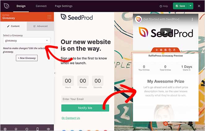 Select giveaway to embed on your landing page