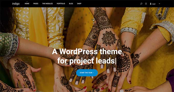 Indigo multipurpose WordPress theme with modular drag-and-drop layout