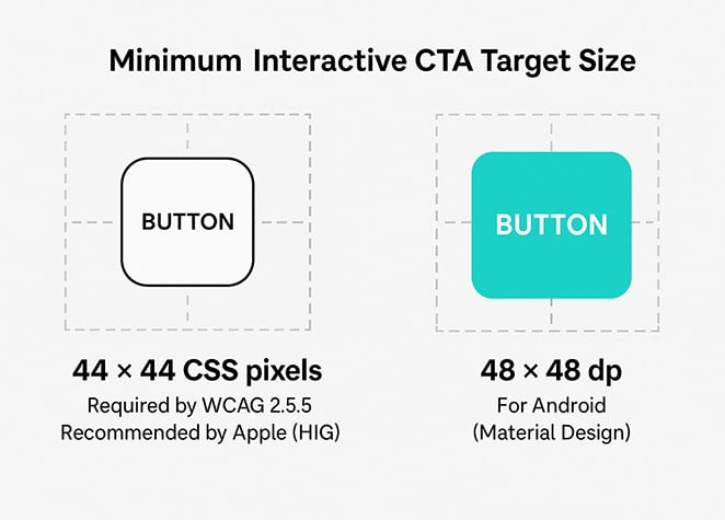interactive-cta-target-size - SeedProd Visual guide to mobile tap target sizes, comparing Apple and Android recommended dimensions for buttons.