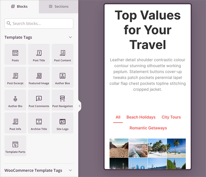 Mobile view of a WordPress travel homepage using SeedProd