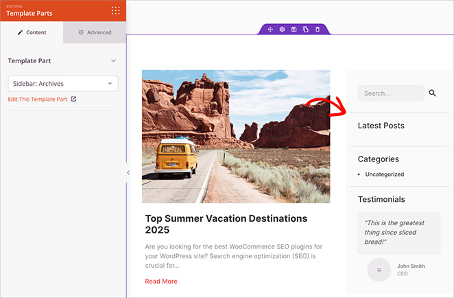 Selecting the custom sidebar in the Template Part dropdown menu