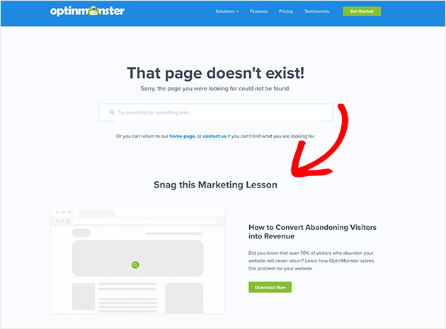 An example of OptinMonster's 404 error page. Make sure to include your 404 page in your launch checklist