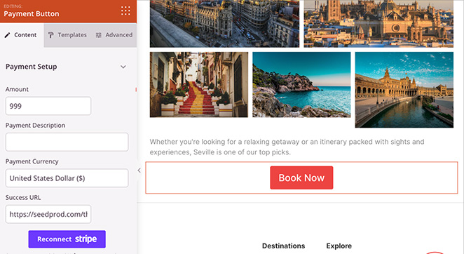 Payment button customization panel in SeedProd builder