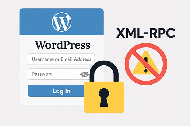 Illustration showing a protected WordPress login screen and XML-RPC feature blocked to prevent attacks.