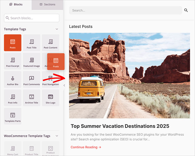 Dragging a posts block into the custom WordPress sidebar