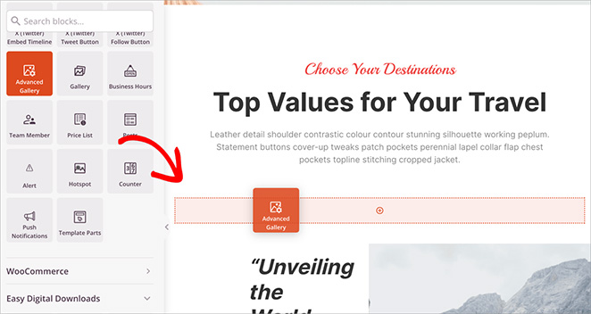 Gallery block for uploading and organizing travel photos