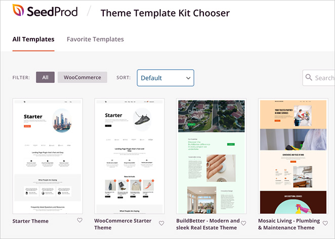 Theme kit selector in SeedProd multipurpose WordPress theme builder