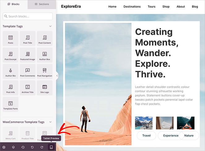 Tablet layout preview of a travel website page in SeedProd