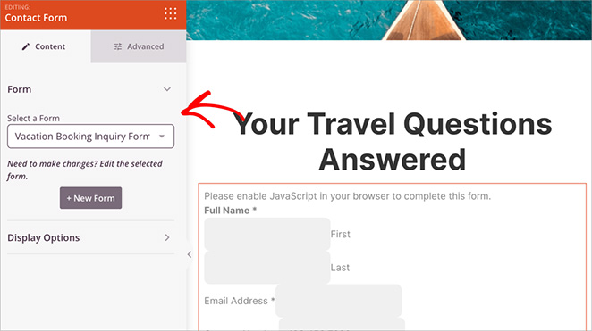 Travel inquiry contact form added with SeedProd builder