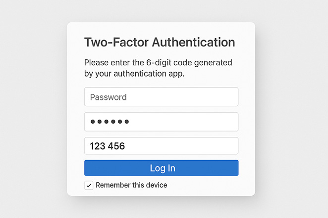 Two-factor authentication login prompt requiring a code in addition to a password