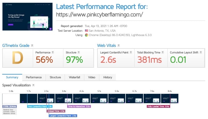 GTmetrix report showing Wix site performance grade D with 8.4 second load time