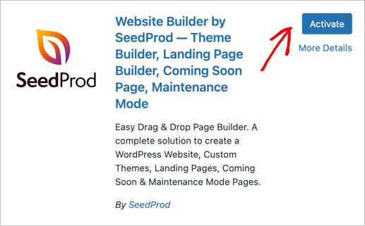 Activate SeedProd’s free landing page builder in WordPress dashboard