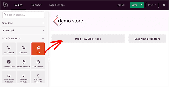 SeedProd builder adding the WooCommerce shopping cart block to a custom WordPress page