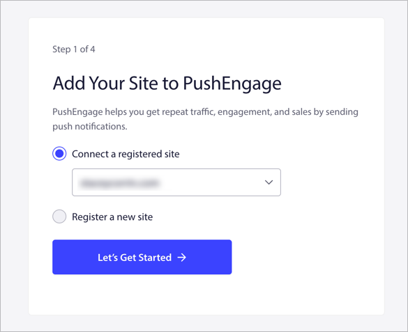 PushEngage screen to confirm site and begin setup