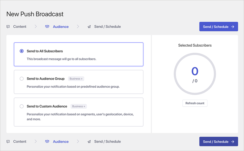 PushEngage audience settings screen
