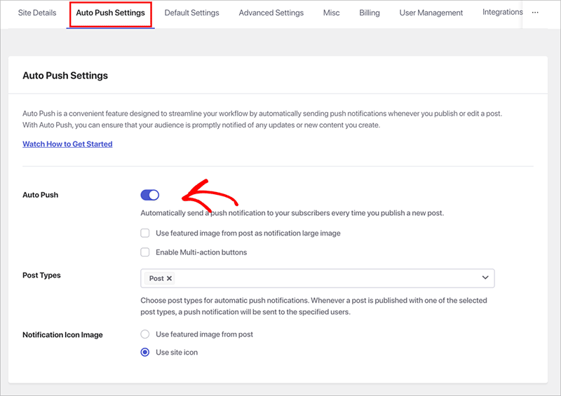 Auto push settings screen in PushEngage