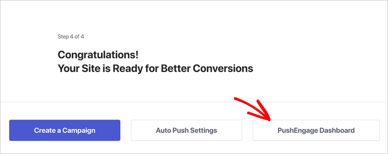 PushEngage setup complete with option to return to dashboard