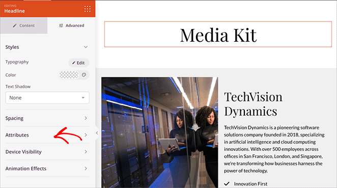 Block attributes in SeedProd block