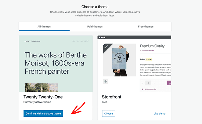 WooCommerce step to choose a WordPress theme for your online store and shopping cart