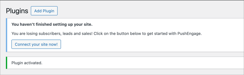 PushEngage setup wizard prompting to connect to WordPress