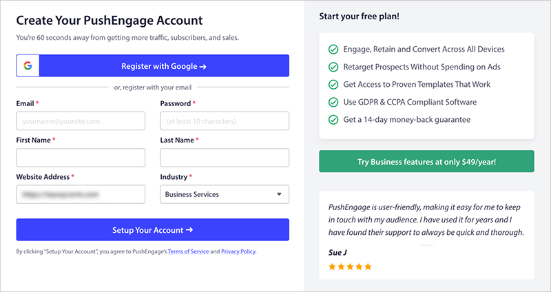 Form to create a PushEngage account