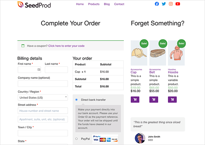 Example of a customized WooCommerce checkout page designed with SeedProd