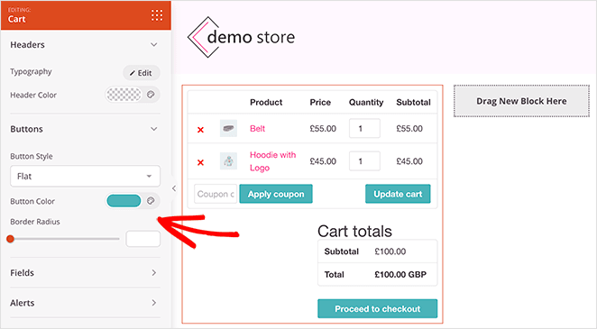 SeedProd editor customizing WooCommerce cart fields and layout in WordPress