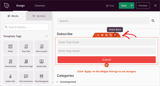 Trash icon for removing a block from the sidebar layout