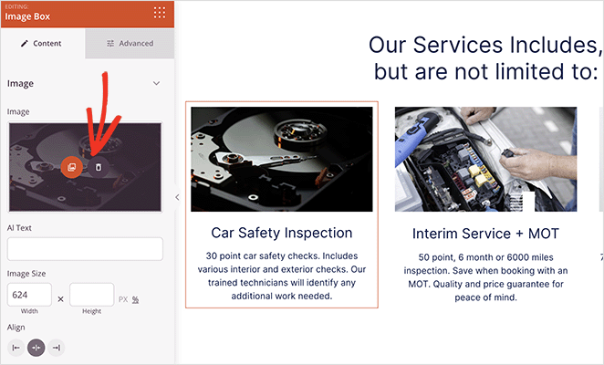 Échanger ou supprimer des images dans une section de service WordPress