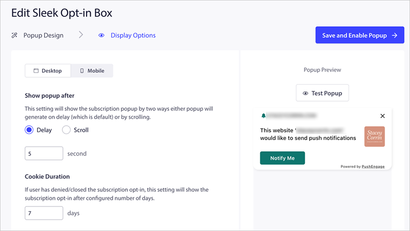 Popup display rules in PushEngage