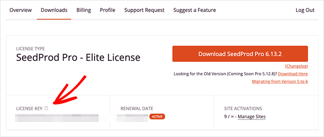 SeedProd account dashboard showing download button for Pro plugin