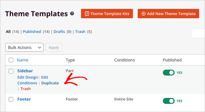 Hovering to duplicate the default sidebar in SeedProd Theme Builder