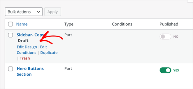 Opening the custom sidebar template in SeedProd’s visual editor