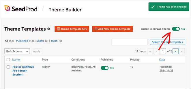 Toggling on the Enable SeedProd Theme option in dashboard