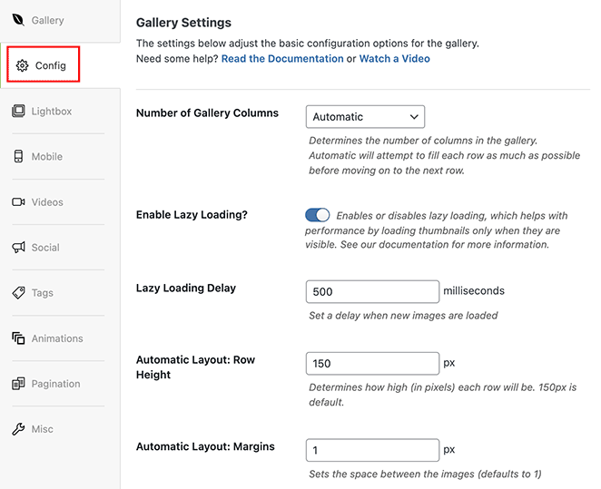 Envira Gallery Config settings