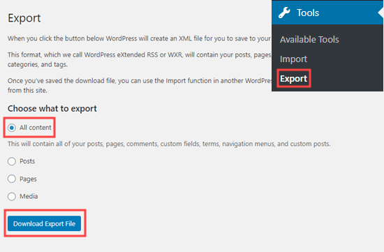 WordPress Tools » Export screen with “All Content” option selected
