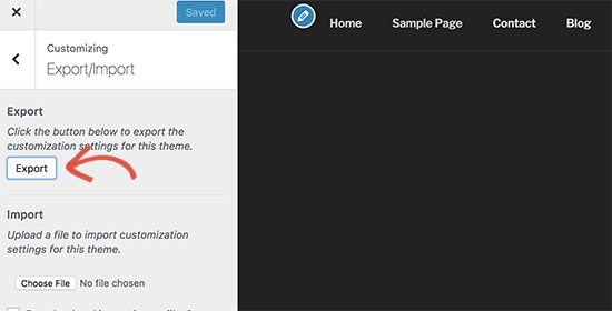 Downloading theme customizer settings as a .dat file