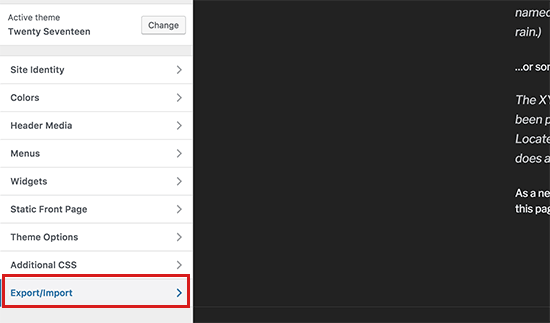 Export Customizer settings panel open in WordPress Customizer