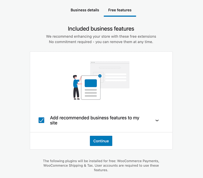 WooCommerce setup wizard screen recommending optional free add-ons like payments and tax tools