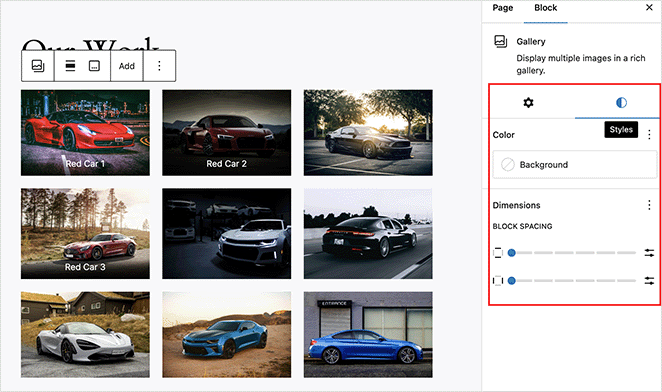 Gallery style settings WordPress